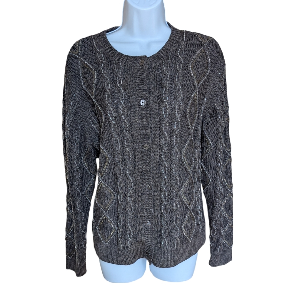 Gray Cable Knit Women's Wool Beaded Cardigan Sweater - L